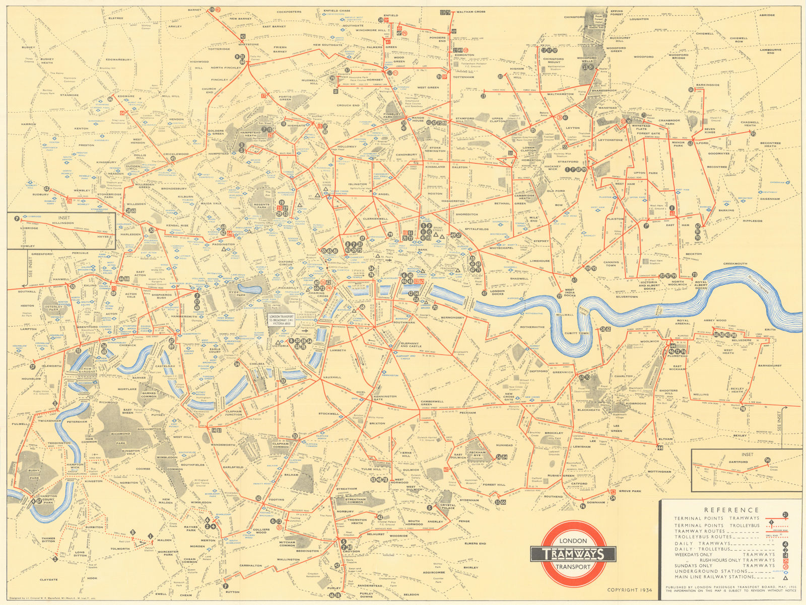 London Transport Tramways Map. London Passenger Transport Board/Mansfield 1935